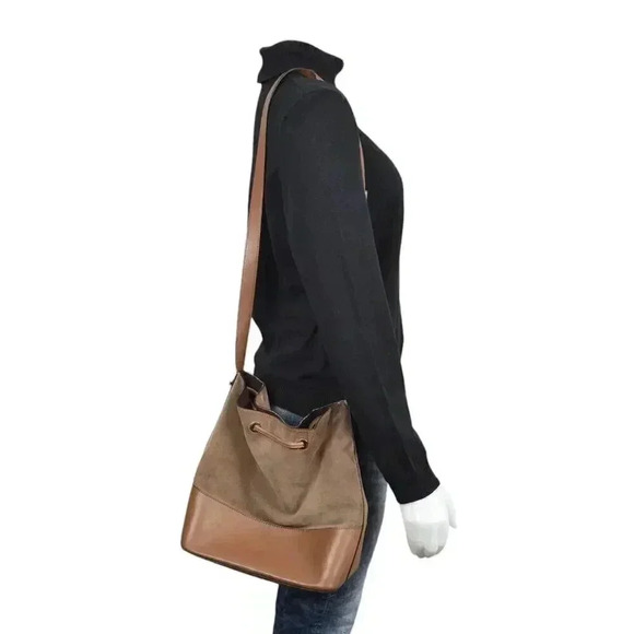 Michael Kors Cary Medium Suede Bucket Bag Purse Brown Shoulder Satchel Crossbody - Picture 3 of 15